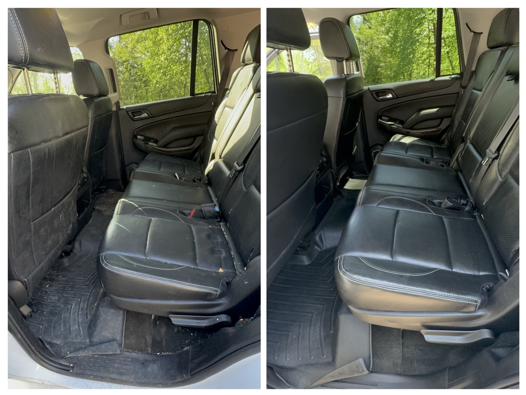 Full-size SUV rear seats before and after detailing at QMD