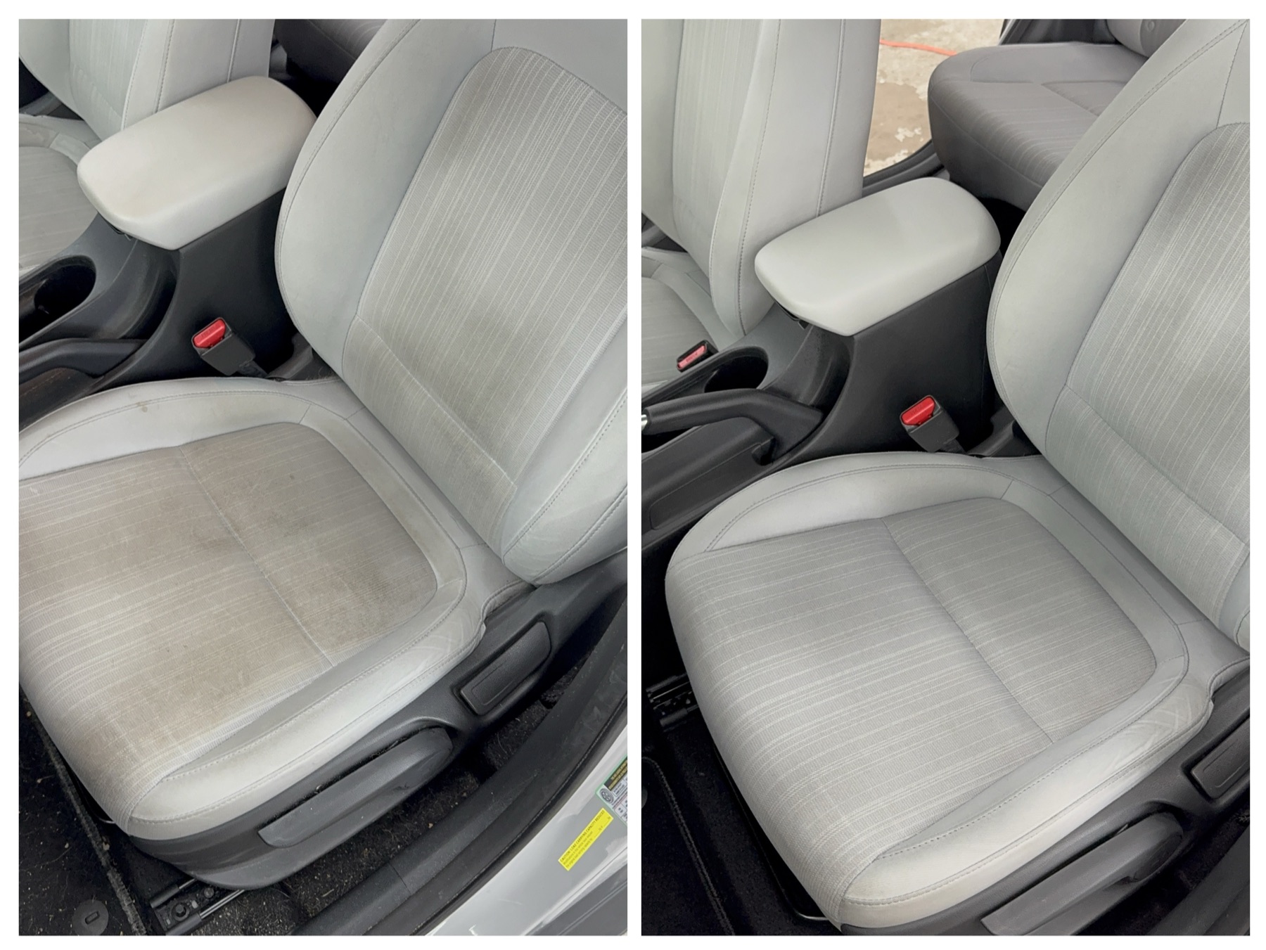 Compact sedan front seats before and after detailing at QMD